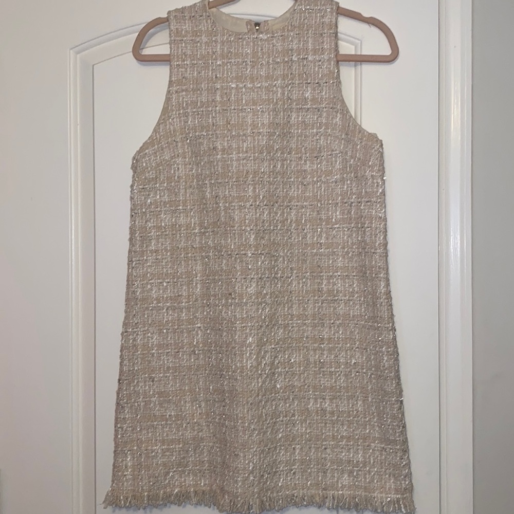Straight tweed dress. Cream with white and silver tweed